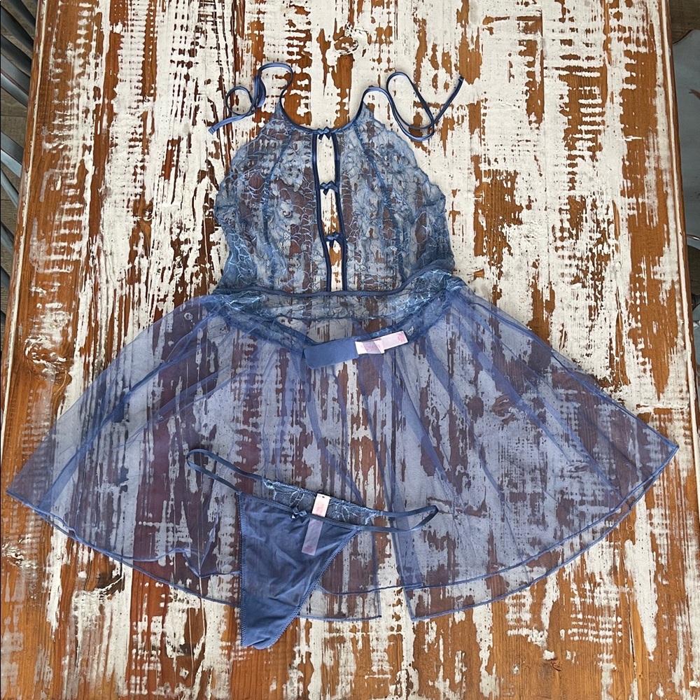 Victoria’s Secret Size Medium Sheer Blue Lace Babydoll Lingerie Set